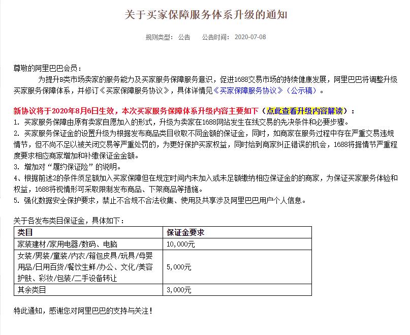 關(guān)于阿里巴巴中國(guó)站買(mǎi)家保障服務(wù)體系升級(jí)的通知,賣(mài)家的保證金又提升了！